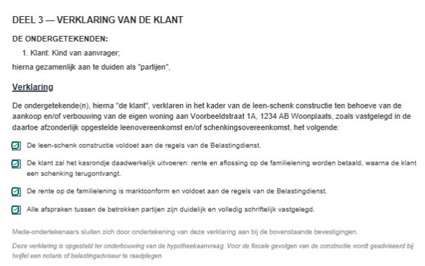 Verklaring van de klant bij een leen-schenkconstructie met vier bevestigingen voor de geldverstrekker